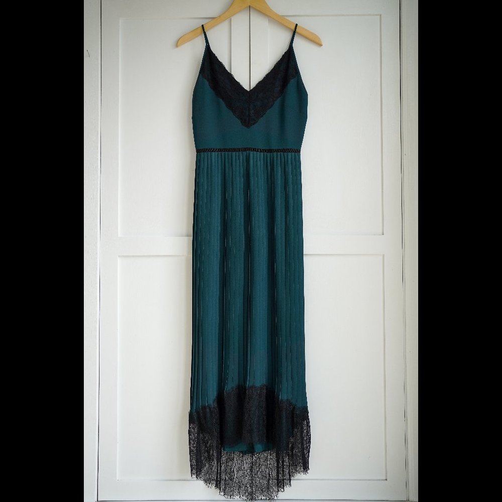 EUC J. Crew Collection Spaghetti-Strap Pleated Midi Dress, Old Forest, Size 00